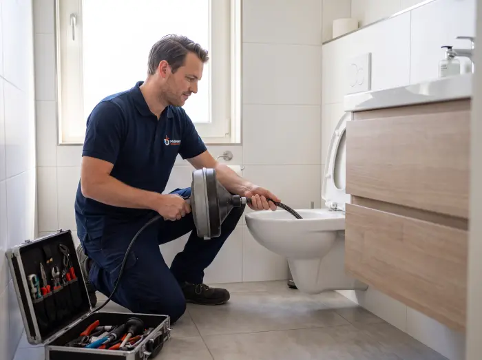 Van Dijk monteur ontstopt een toilet in een moderne badkamer